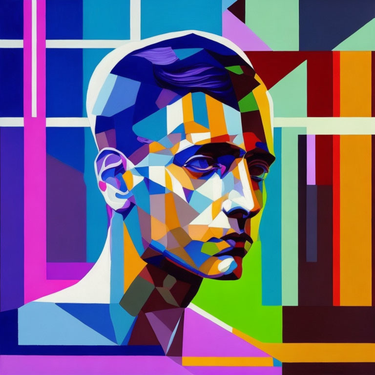 Abstract portrait with geometric patterns and vivid hues against vibrant background