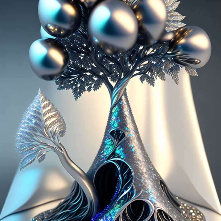 Metallic tree-like structure with spheres and blue glitter accents in abstract 3D art