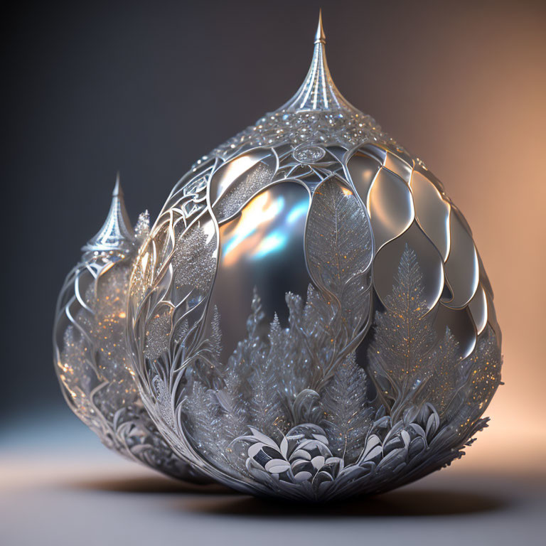 Metallic sphere with leaf and floral cut-out patterns, illuminated from within.