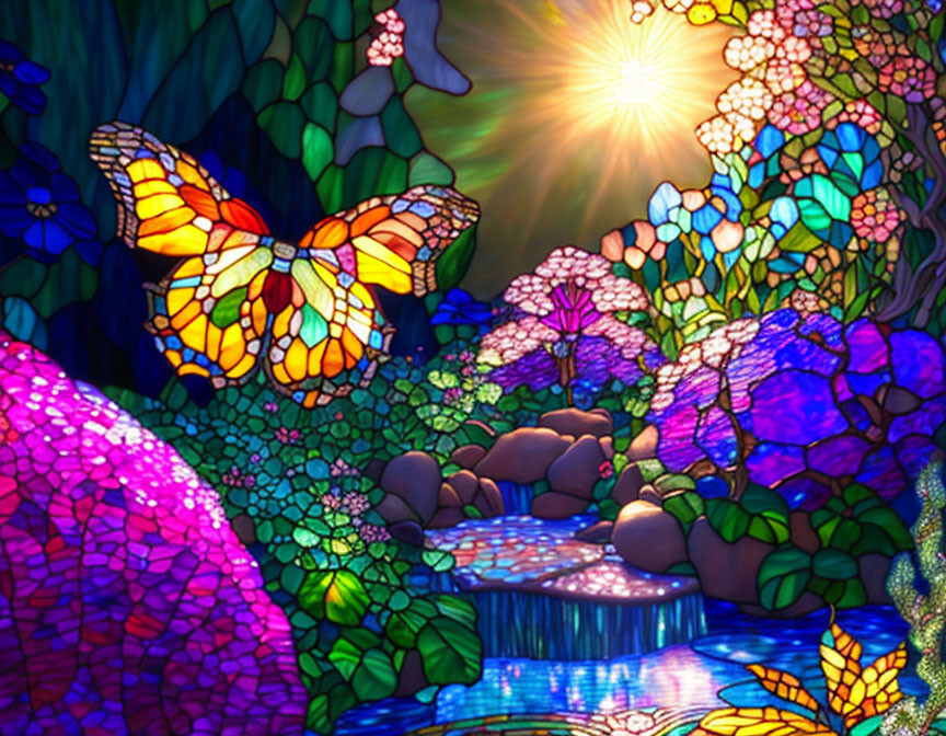 Colorful Butterfly, Waterfall, and Floral Landscape in Stained Glass Style