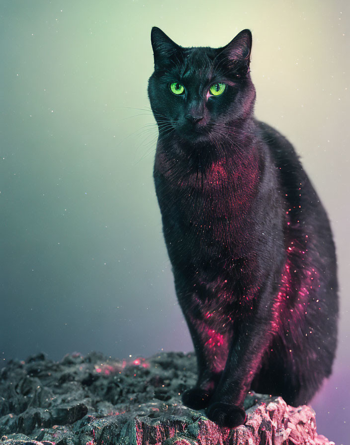 Black Cat with Green Eyes on Textured Surface Against Gradient Background