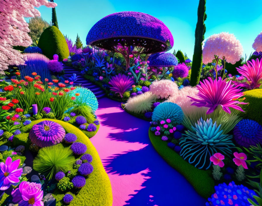 Colorful surreal garden with pink path and oversized mushrooms in bright blue sky