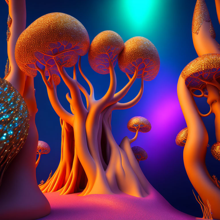 Vibrant surreal landscape with orange bioluminescent trees