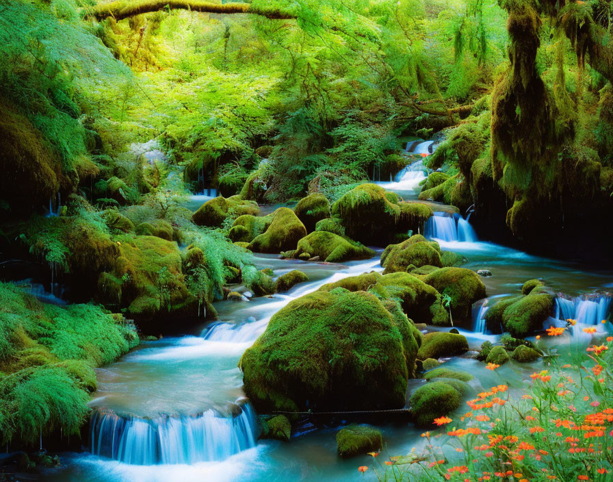 Tranquil stream flowing through lush green forest