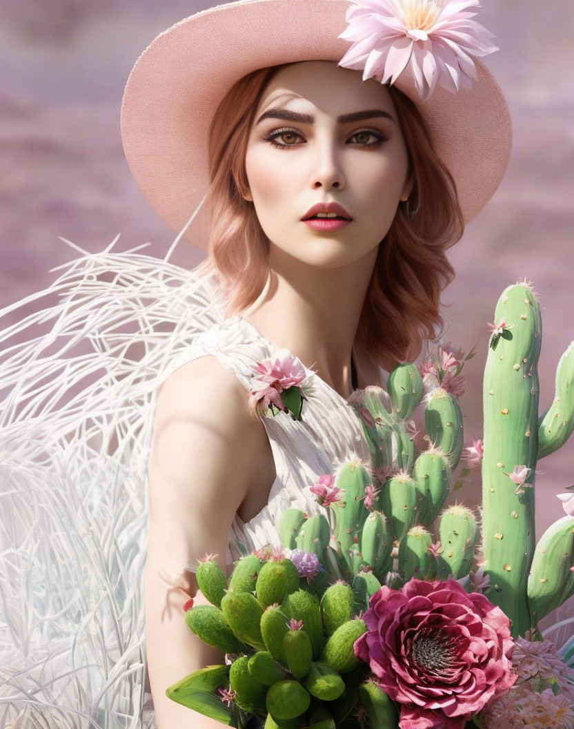 Woman in pink hat with striking makeup amidst cacti and flowers