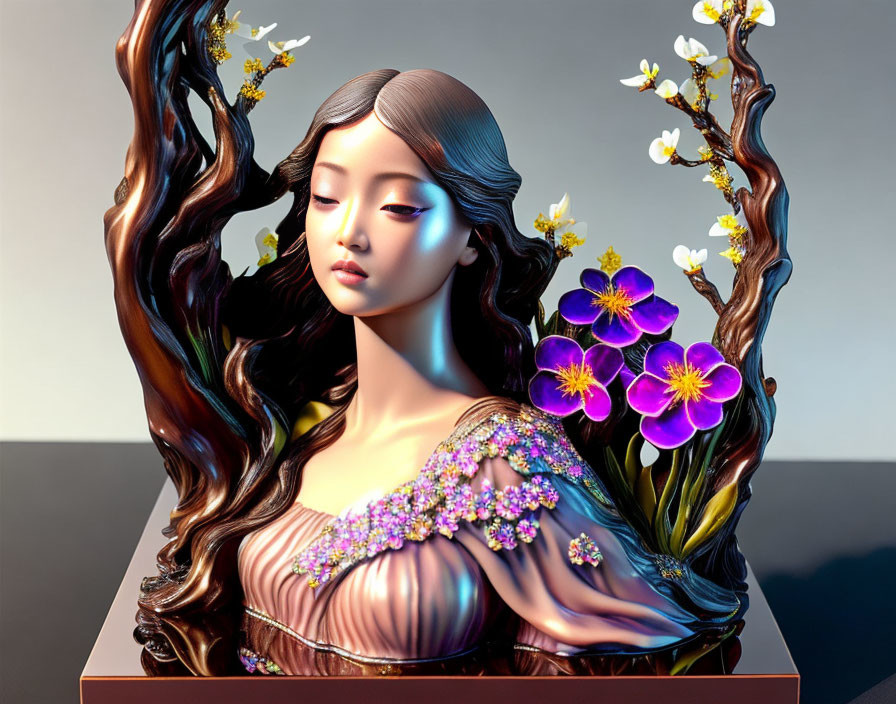 Serene 3D woman illustration with flowing hair and flowers