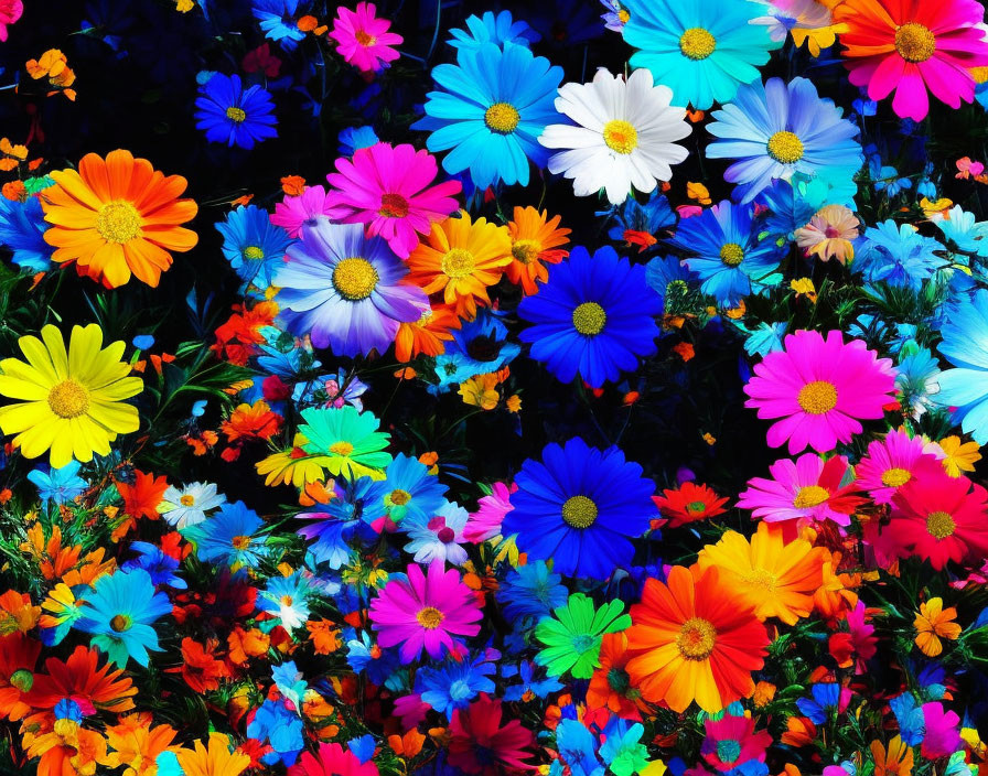 Multicolored Flower Display in Blue, Pink, Yellow, and Orange