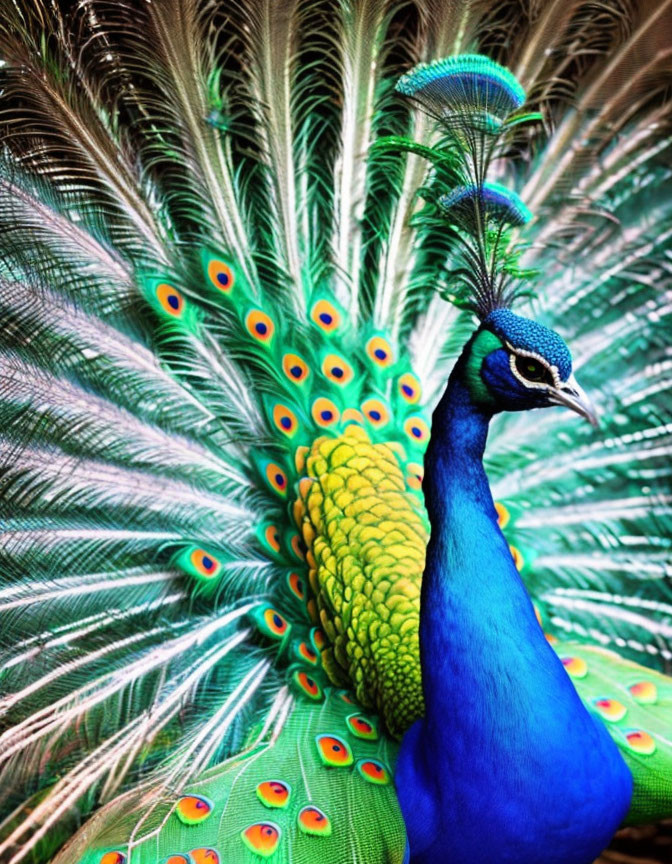 Colorful Peacock with Iridescent Blue and Green Tail Feathers