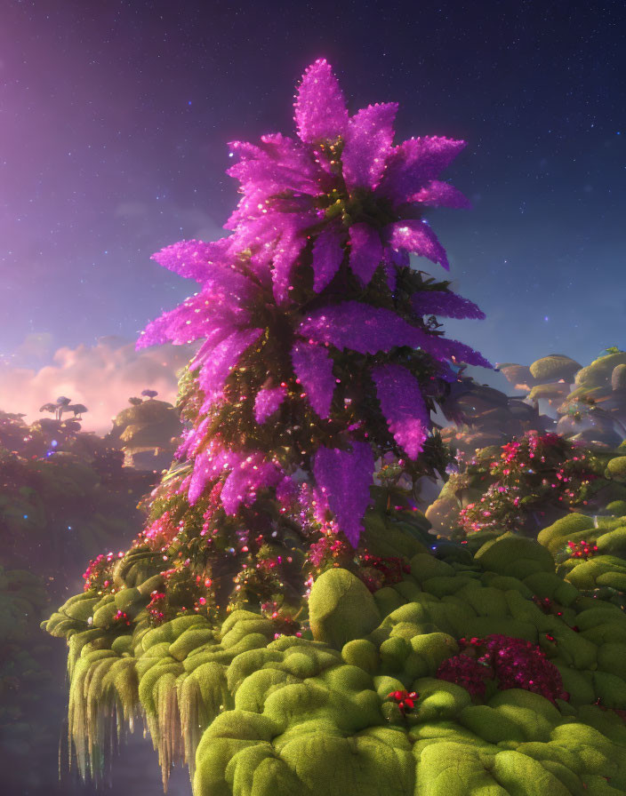 Glowing purple tree in dreamy landscape with lush greenery