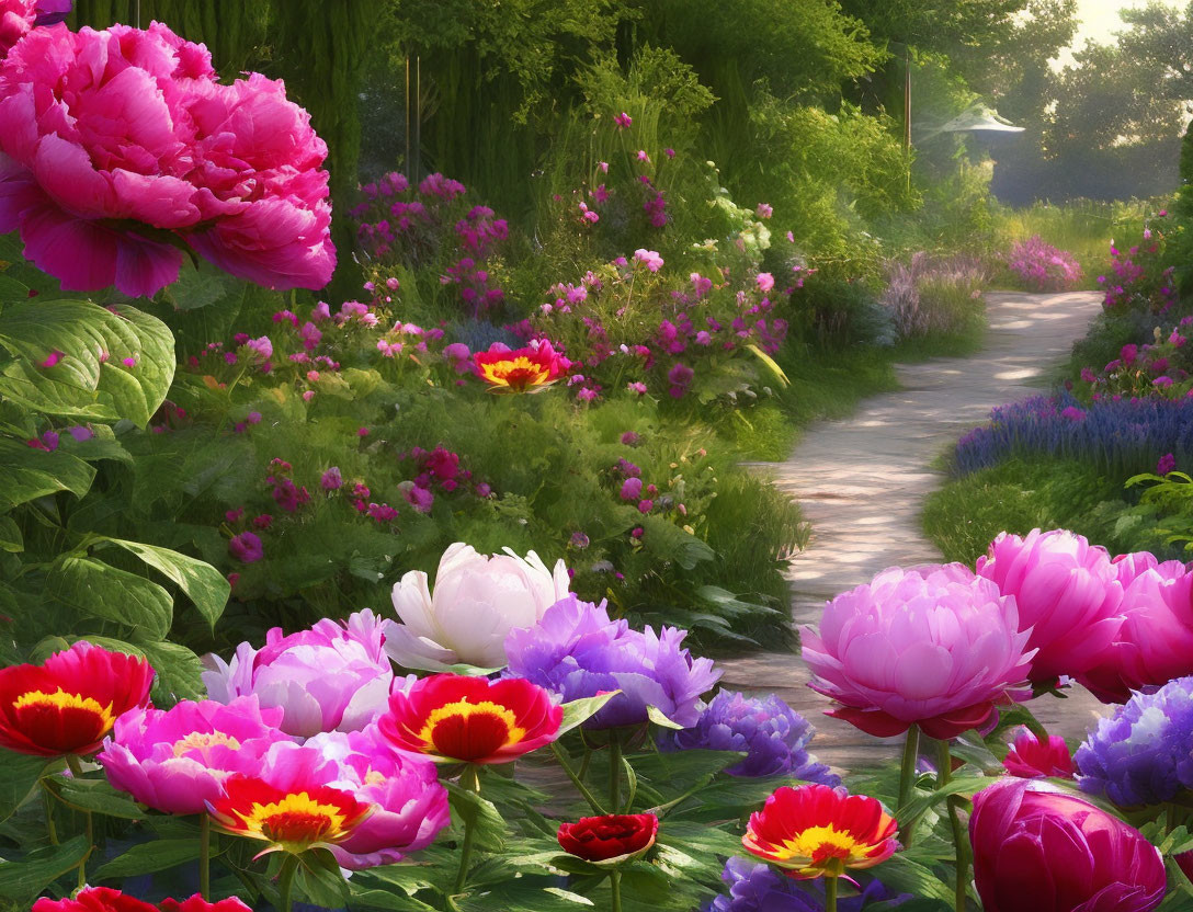 Tranquil garden path with vibrant pink, white, and red peonies