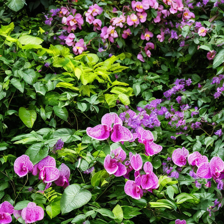 Lush Garden with Pink-Purple Spotted Flowers