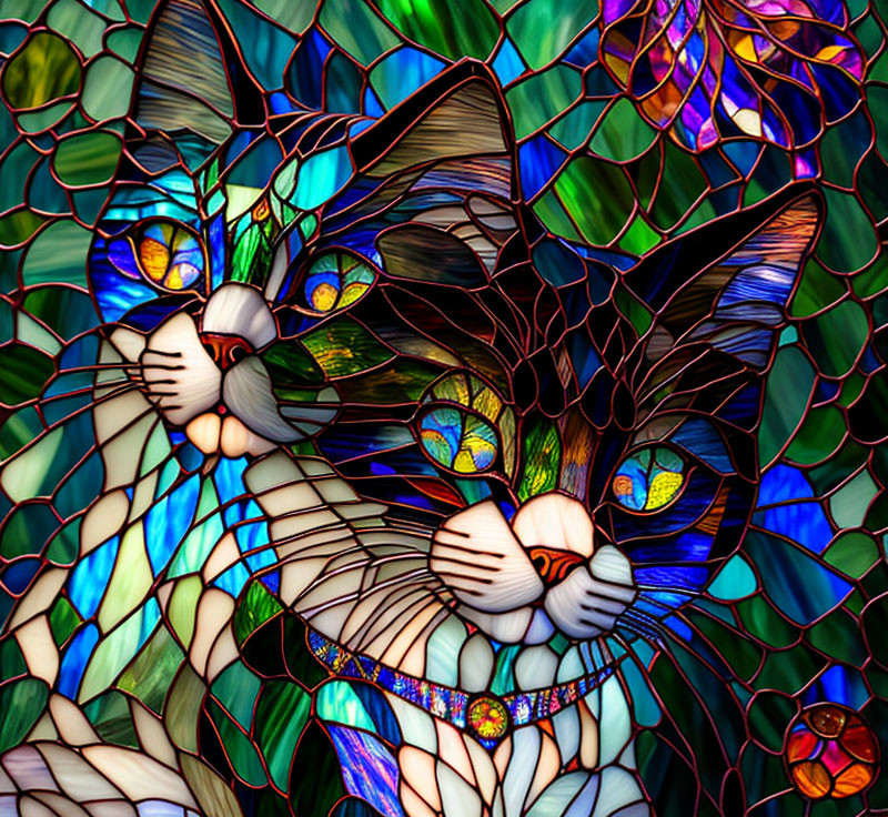 Vibrant stained glass artwork of whimsical cats in intricate patterns