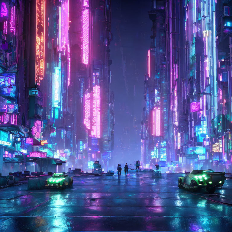 Futuristic neon-lit cityscape with skyscrapers, glowing ads, and rain-soaked