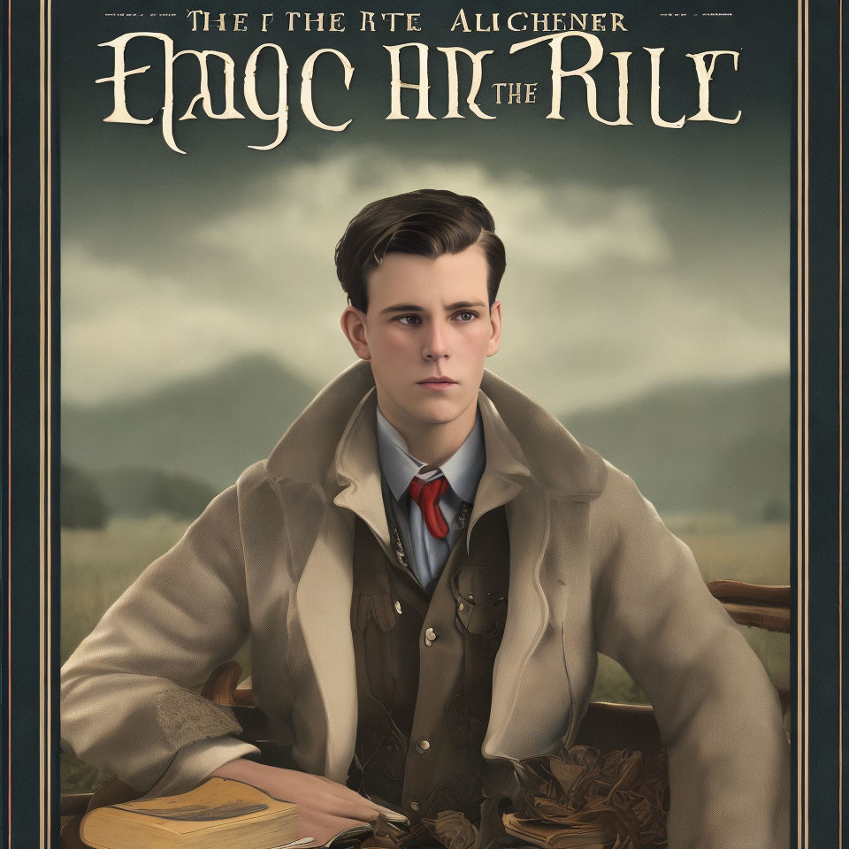 Young man in retro attire with books on vintage-style poster