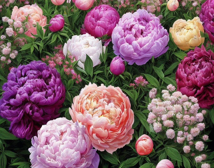 Colorful Array of Pink, Purple, Coral Peonies & White Flowers