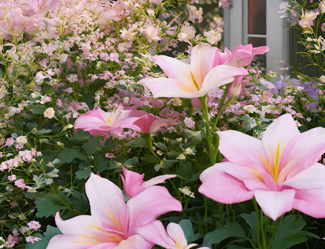 Colorful flowerbed featuring pink lilies and delicate pale blooms