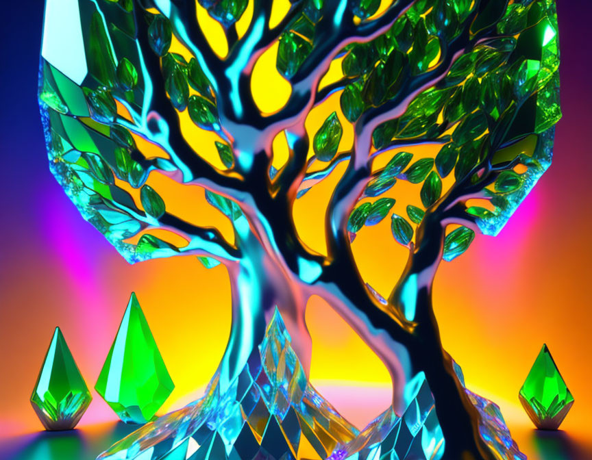 Colorful digital artwork: Tree with green crystal leaves on gradient background