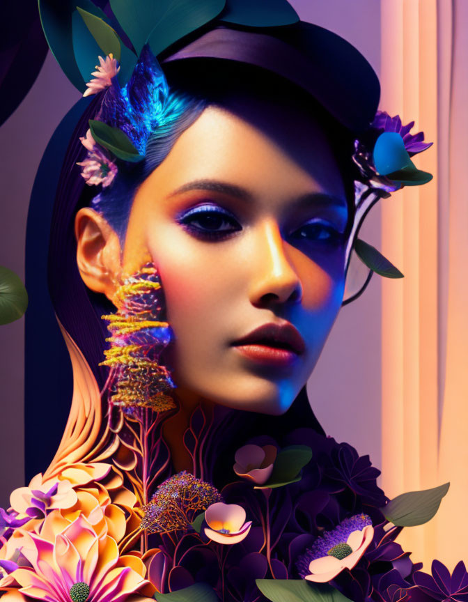 Colorful portrait of woman with vibrant makeup, exotic flowers, feathers, and striped background