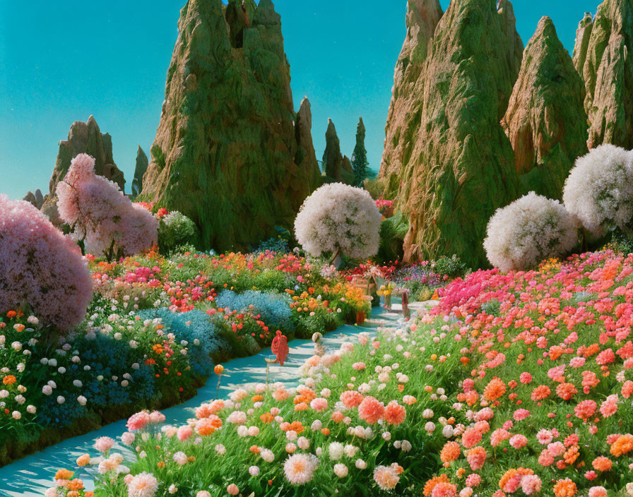 Colorful flower garden with pink, red, and white blossoms, green rock formations, and clear