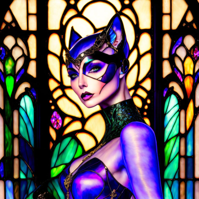 Woman with cat-like makeup and masquerade mask in front of vibrant stained glass.