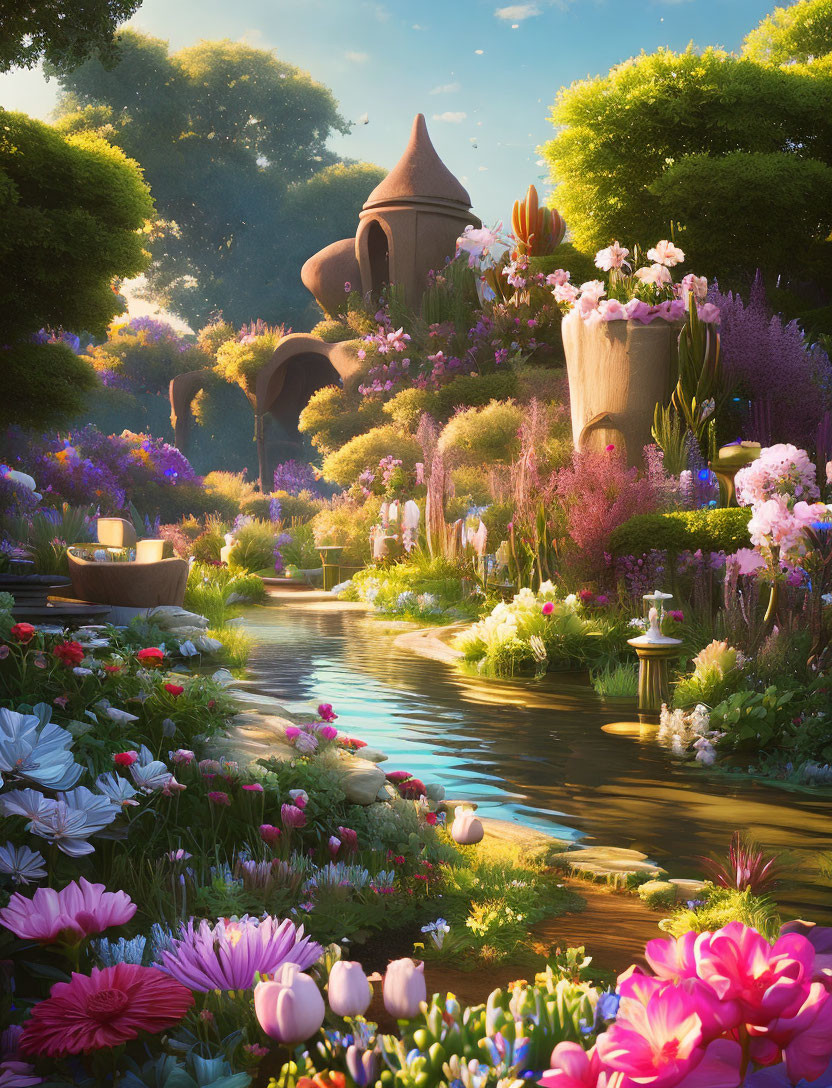 Tranquil Fantasy Garden with Stream & Whimsical Planters