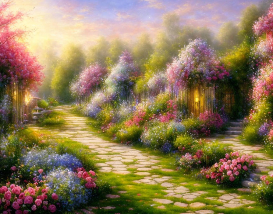 Blooming garden path with colorful flowers and lush trees at sunrise