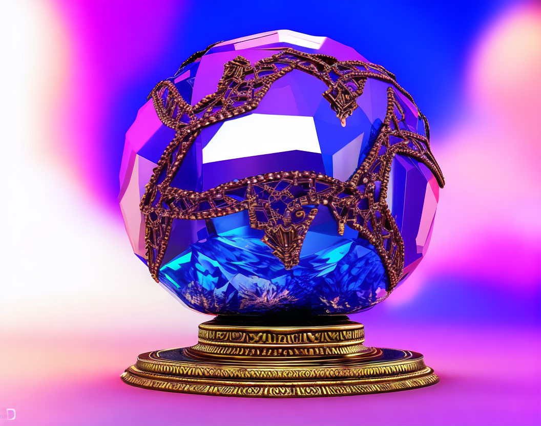 Vibrant digital artwork: Blue crystal ball on golden dragon stand