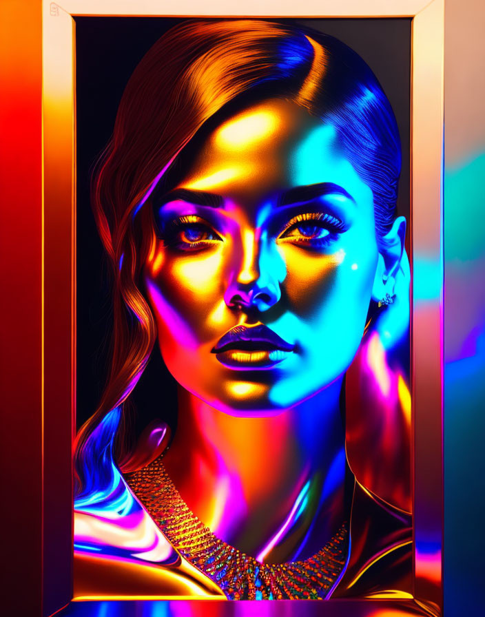 Colorful portrait of a woman with neon lighting effects in red, yellow, and blue.