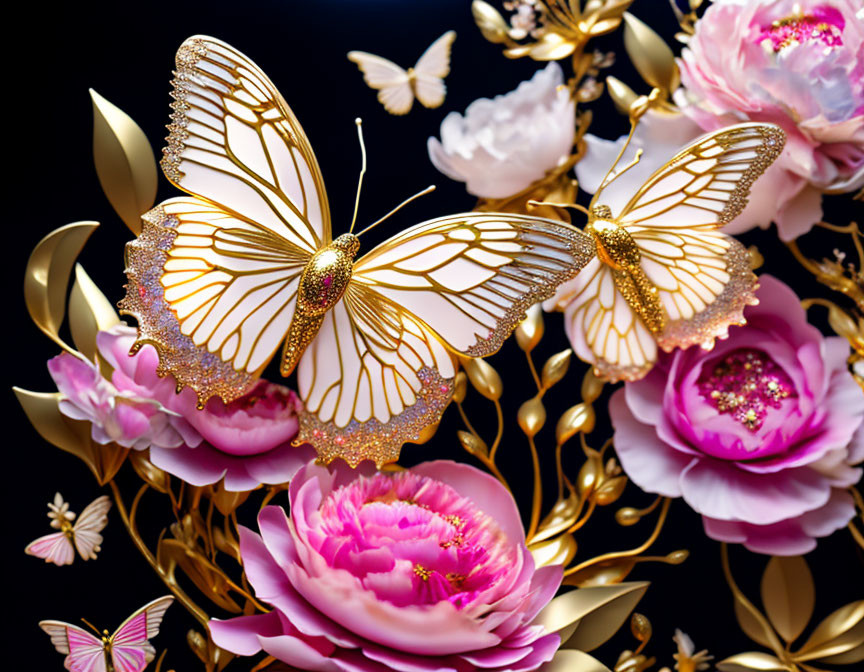 Golden Butterfly on Pink Flowers Amidst Foliage and Butterflies