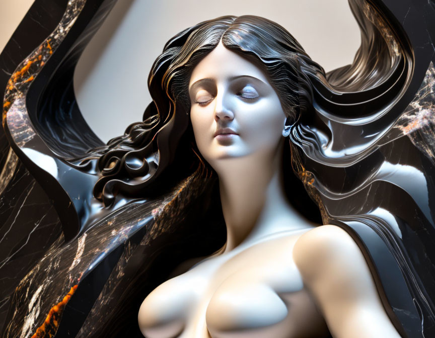 Sculpture of serene woman with flowing hair on marbled background