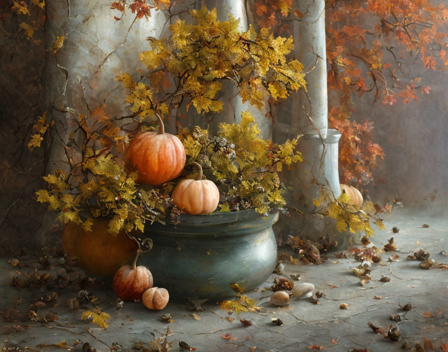 Autumn-themed still-life with pumpkins, leaves, antique vessel, columns, and misty backdrop