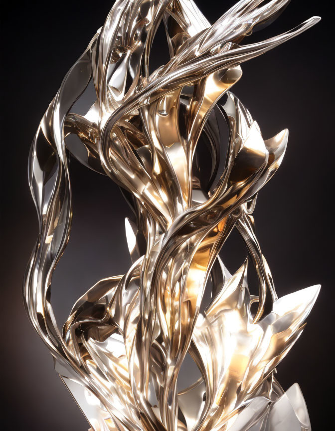 Abstract metallic sculpture with swirling shapes on dark background