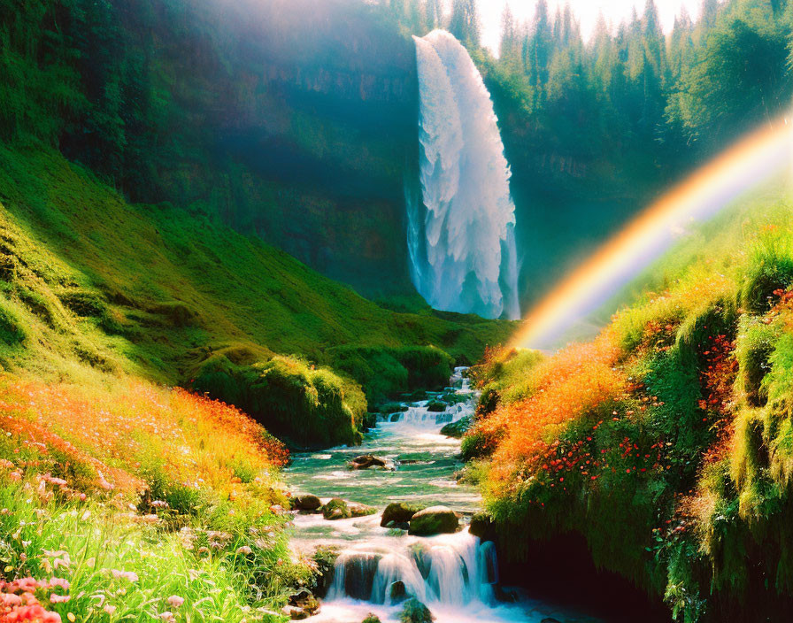 Scenic landscape with waterfall, stream, greenery, and rainbow