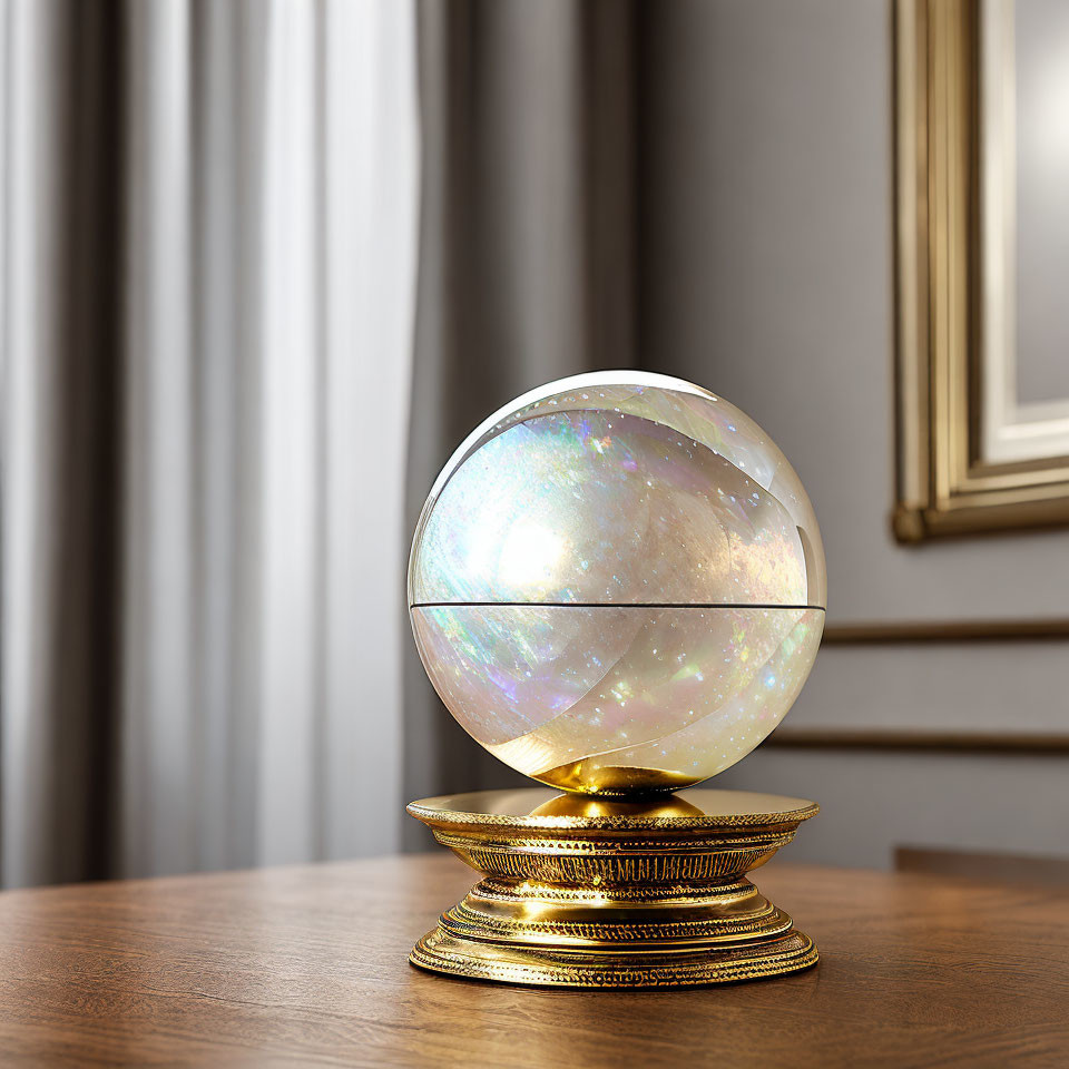 Iridescent crystal globe on golden stand with wooden table and curtains in background