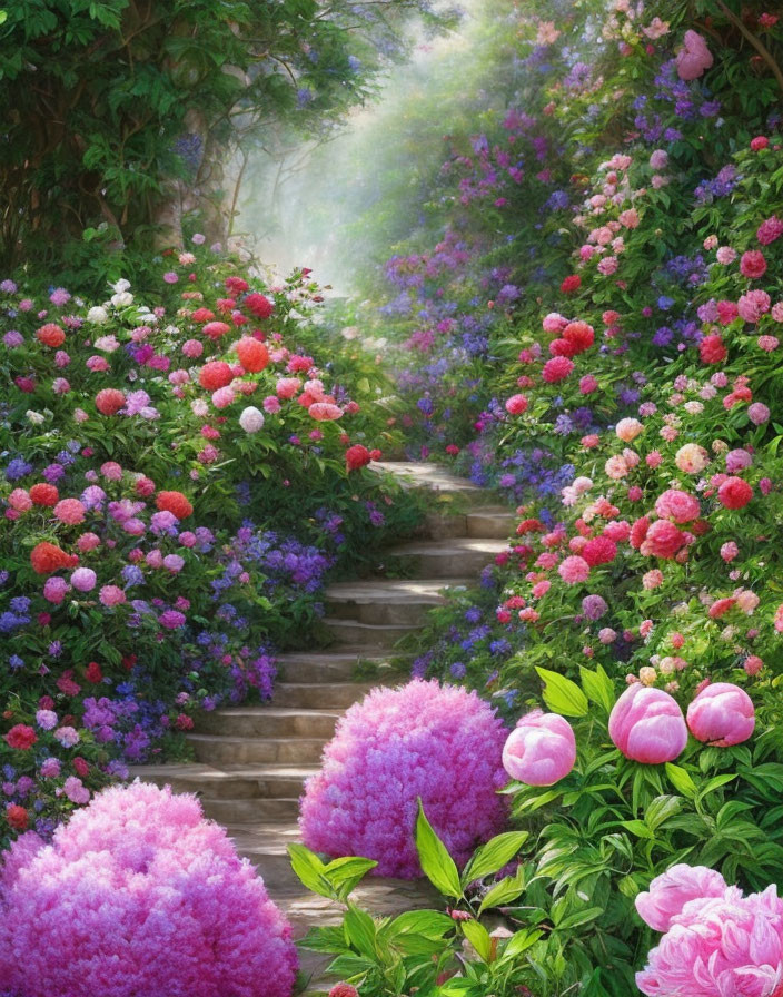 Lush Garden Path with Vibrant Greenery and Colorful Blooms