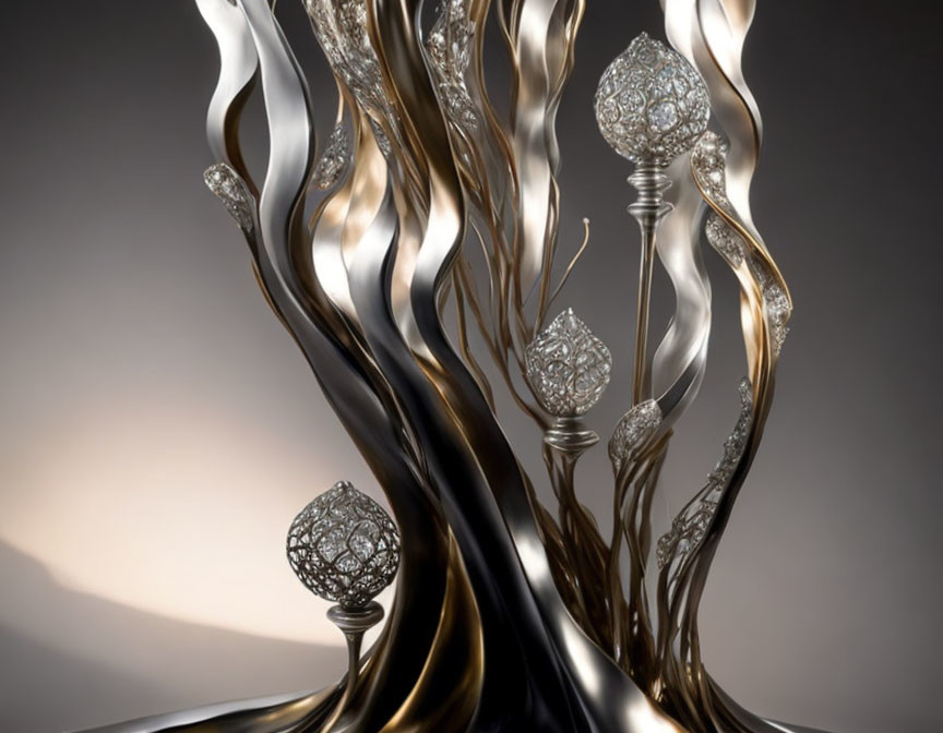 Metallic sculpture with wavelike tendrils & jewel-encrusted spheres on twisted stems.