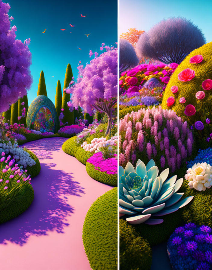 Colorful Fantasy Landscape with Flower-Lined Path and Iridescent Arch