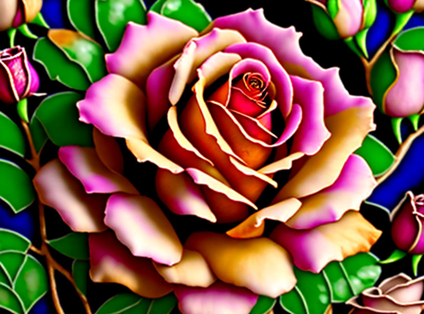 Vibrant digitally-enhanced rose with pink and yellow petals surrounded by green foliage