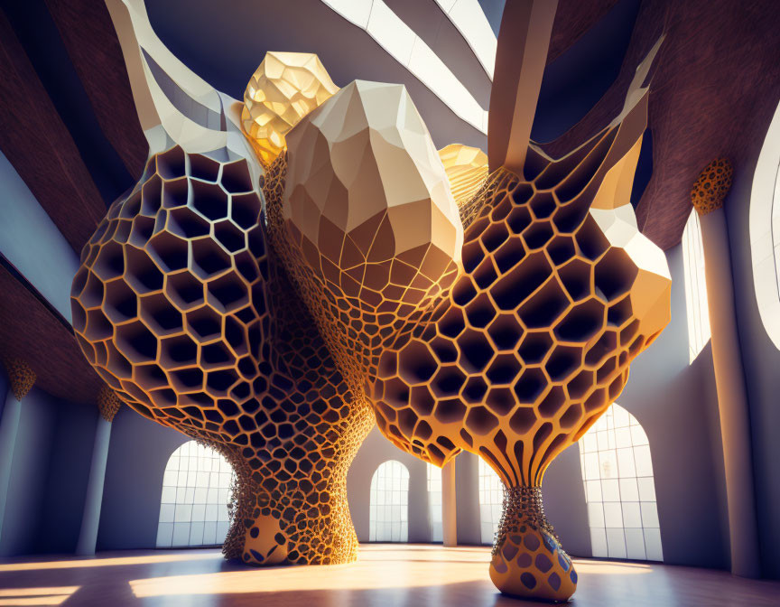 Organic honeycomb-like structures in futuristic interior