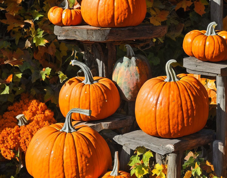 Vibrant orange pumpkins on rustic wooden rack with autumn leaves and marigolds.