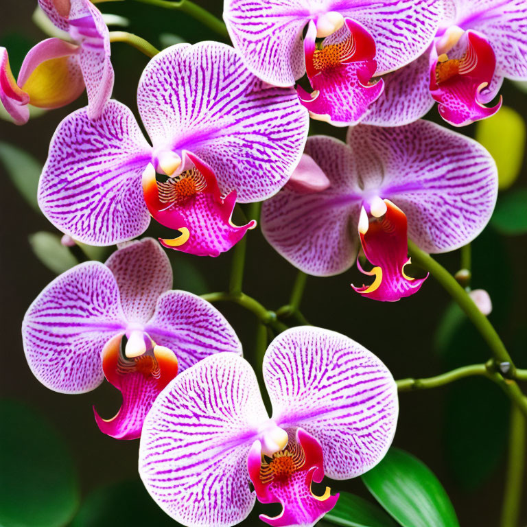 Pink and White Striped Orchid Flowers with Yellow and Maroon Centers