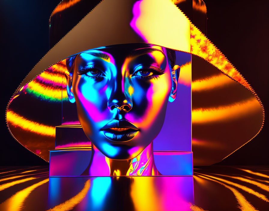 Futuristic female face in blue and gold tones with iridescent backdrop