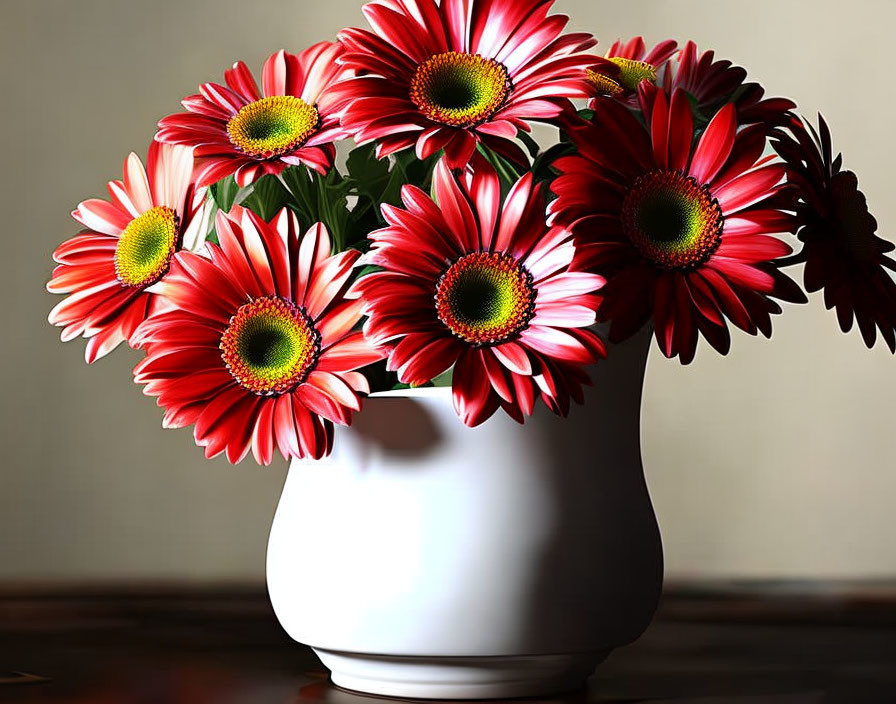 Red and White Gerbera Daisies in White Vase Display