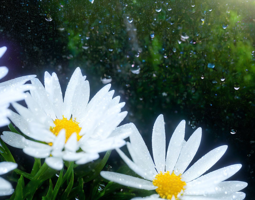 White Daisies with Yellow Centers in Focus with Water Droplets and Green Background