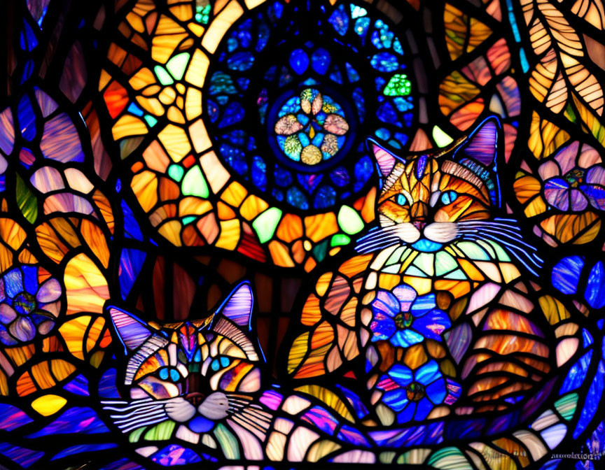 Colorful Stained Glass Artwork: Whimsical Cats in Intricate Patterns