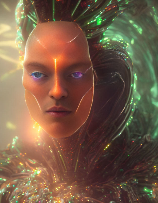 Futuristic female figure with glowing lines, luminescent eyes, and shimmering headdress.