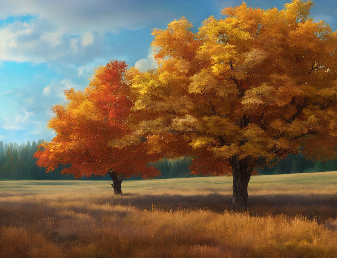 Tranquil autumn landscape with vibrant foliage and golden grass