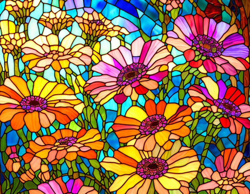 Vibrant floral pattern stained glass window with orange, pink, yellow, and purple blooms on blue