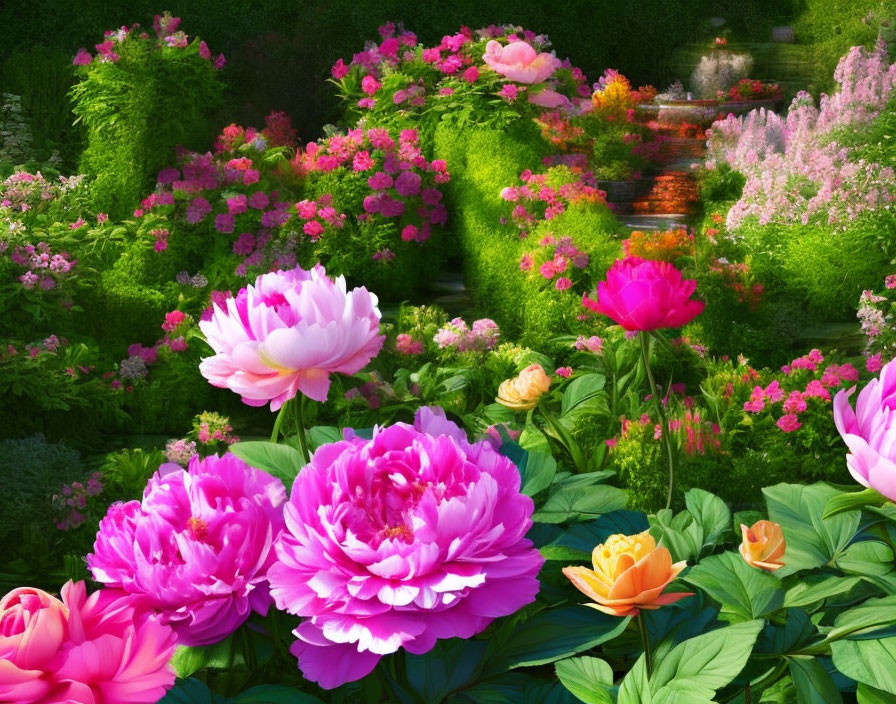 Lush Green Garden with Blooming Pink and Orange Peonies