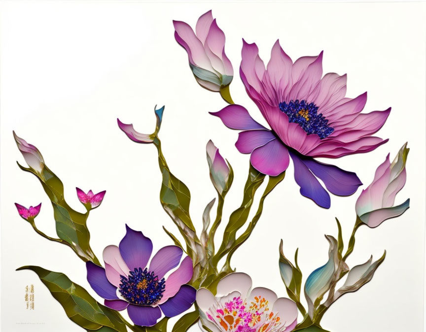 Colorful Stylized Flowers in Purple and Pink with Blue Centers